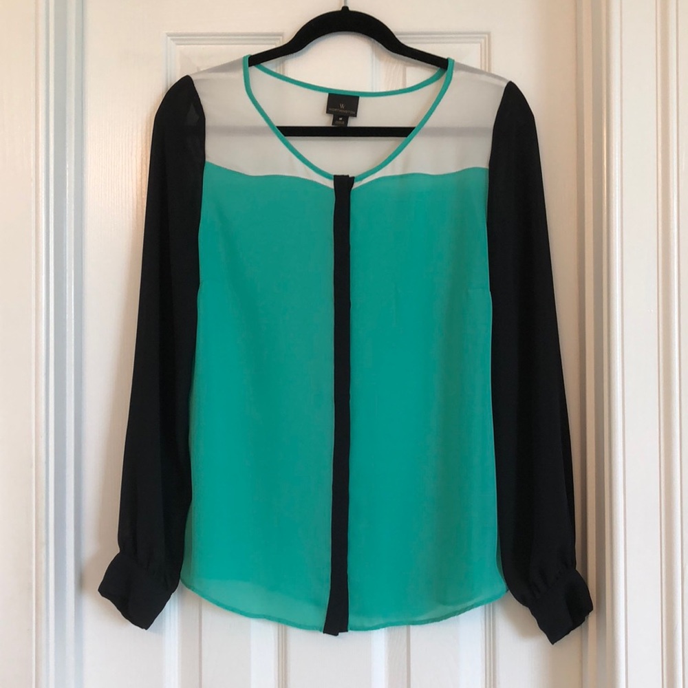 Like new. Teal/black/white polyester button up.